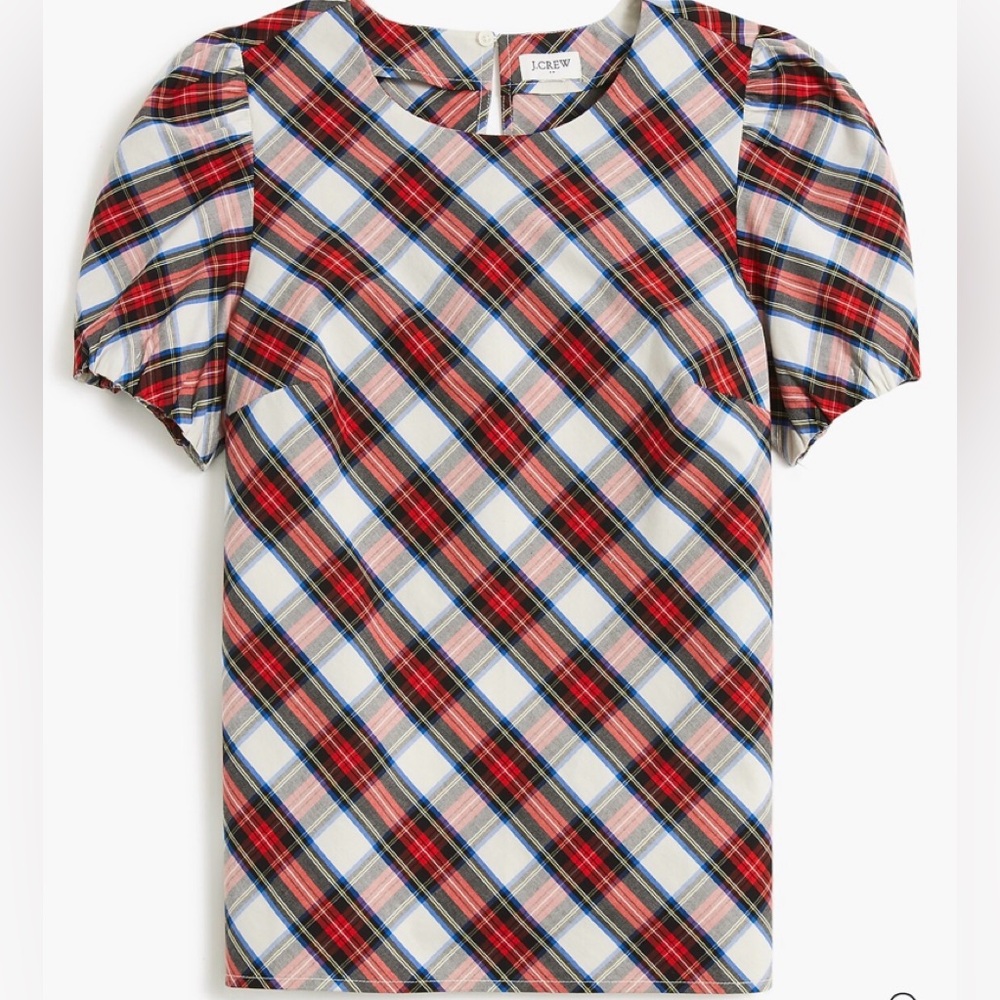 NWT J. Crew Multicolor Plaid Puff Sleeve top!